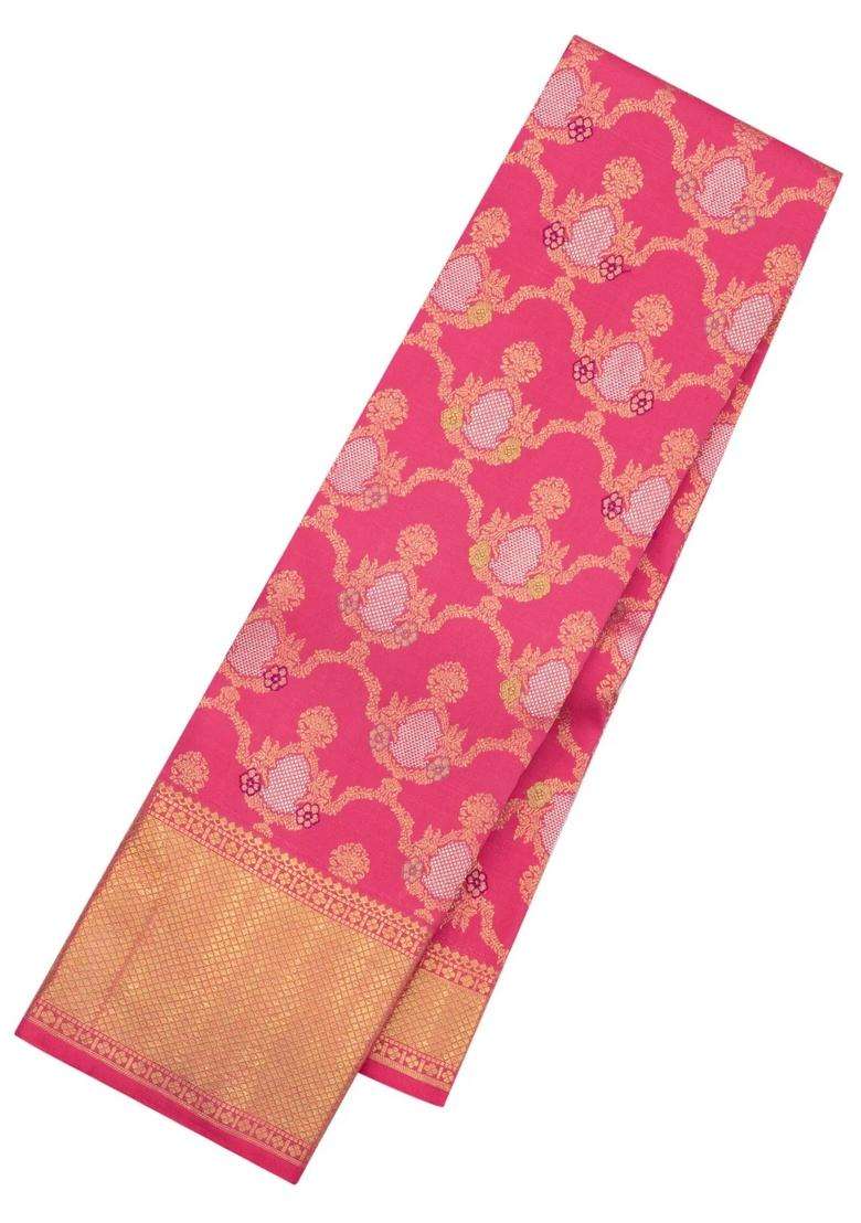 Peach Handloom Kanchipuram Silk Saree With Meena Floral Jaal Motifs With Buttas And Brocade Design For Women - Indya