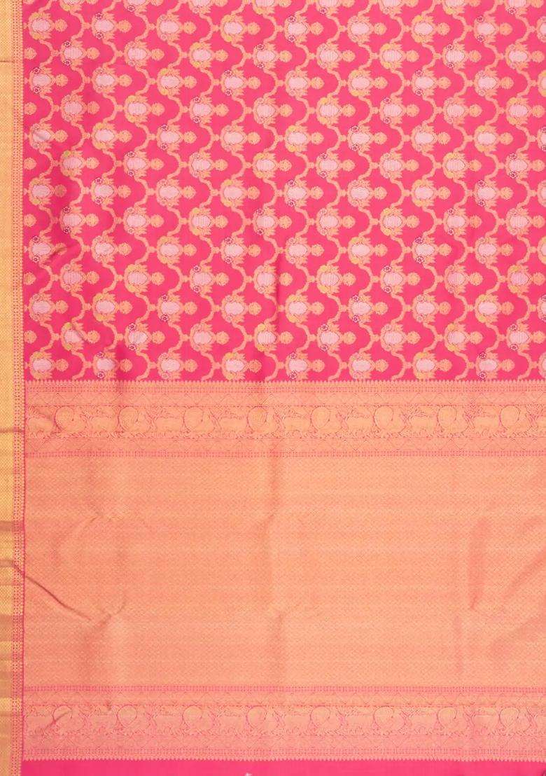 Peach Handloom Kanchipuram Silk Saree With Meena Floral Jaal Motifs With Buttas And Brocade Design For Women - Indya