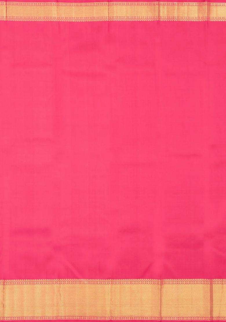 Peach Handloom Kanchipuram Silk Saree With Meena Floral Jaal Motifs With Buttas And Brocade Design For Women - Indya
