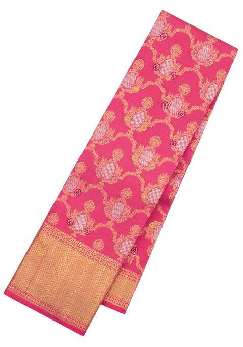 Peach Handloom Kanchipuram Silk Saree With Meena Floral Jaal Motifs With Buttas And Brocade Design For Women