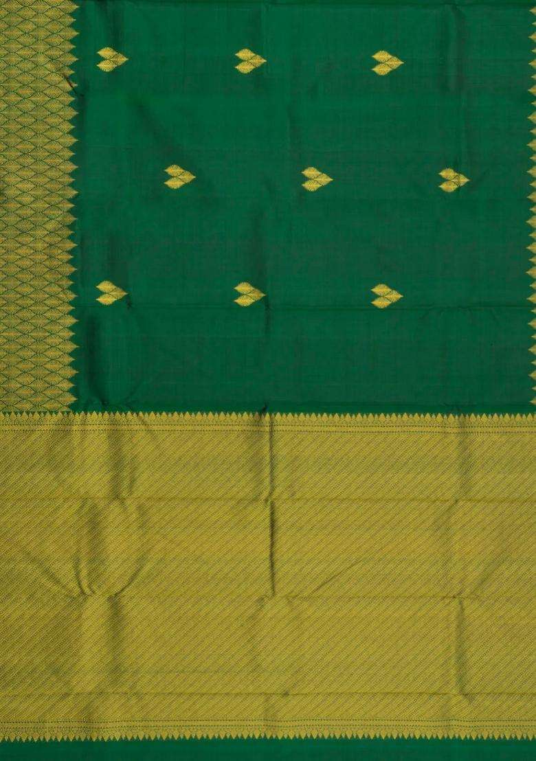 Dark Green Handloom Kanchipuram Silk Saree With Leaf Buttas With Buttas And Brocade Design For Women - Indya