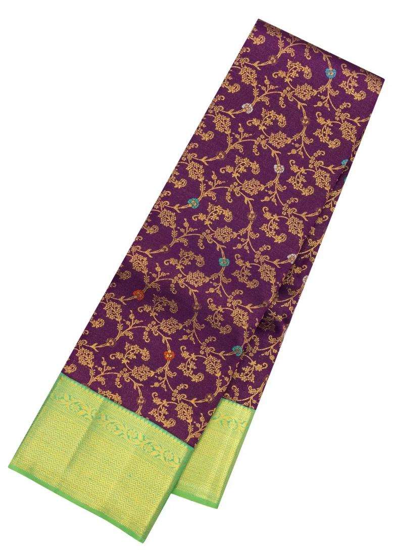 Default Title Dark Purple Handloom Korvai Kanchipuram Silk Saree With Floral Zari Motifs With Korvai And Temple Border Design For Women - Indya