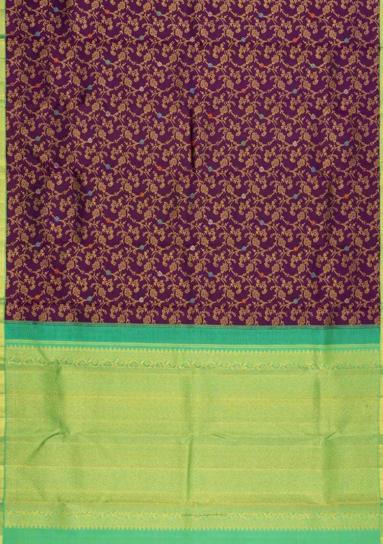 Default Title Dark Purple Handloom Korvai Kanchipuram Silk Saree With Floral Zari Motifs With Korvai And Temple Border Design For Women - Indya