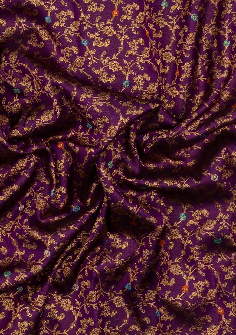 Default Title Dark Purple Handloom Korvai Kanchipuram Silk Saree With Floral Zari Motifs With Korvai And Temple Border Design For Women - Indya