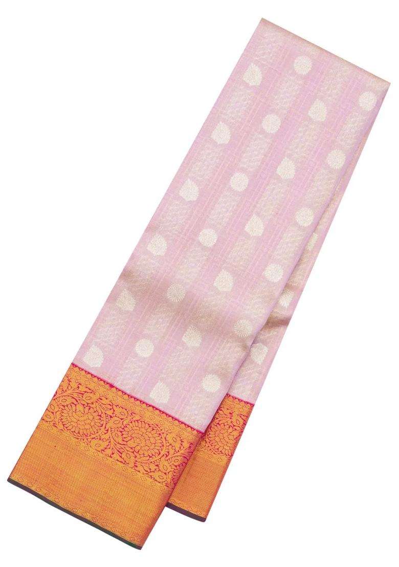 Lavander Lavender Handloom Korvai Kanchipuram Silk Saree With Floral Zari Motifs With Korvai And Temple Border Design For Women - Indya