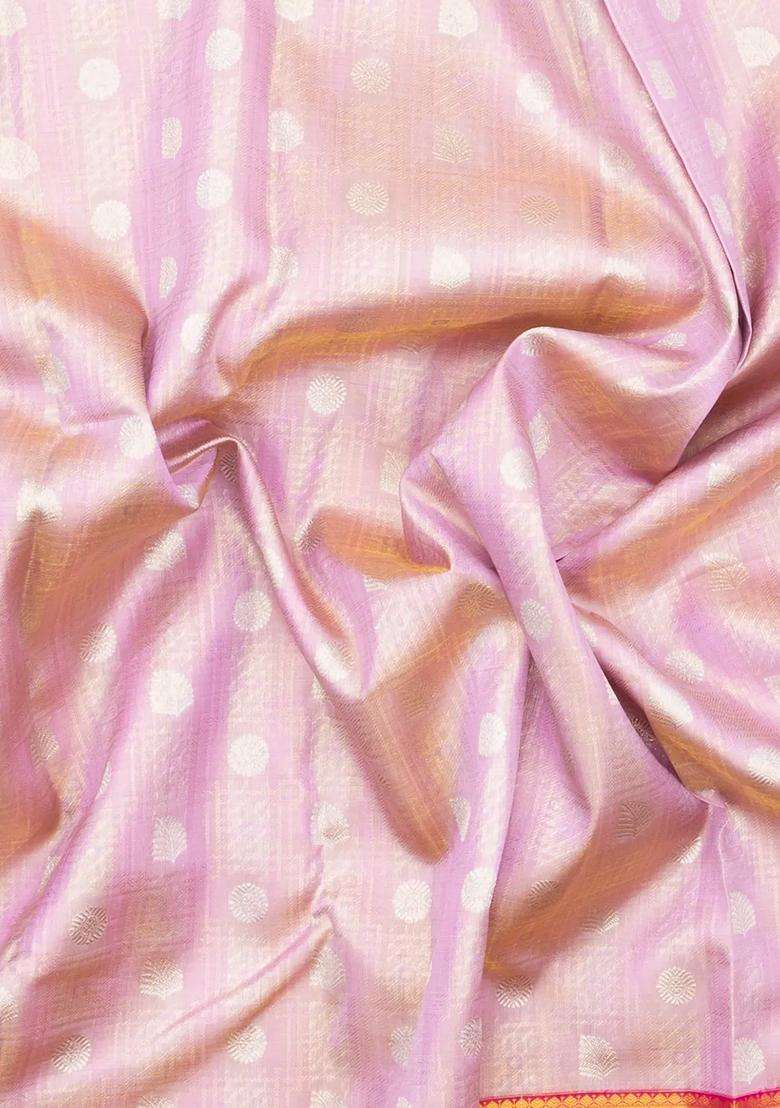 Lavander Lavender Handloom Korvai Kanchipuram Silk Saree With Floral Zari Motifs With Korvai And Temple Border Design For Women - Indya