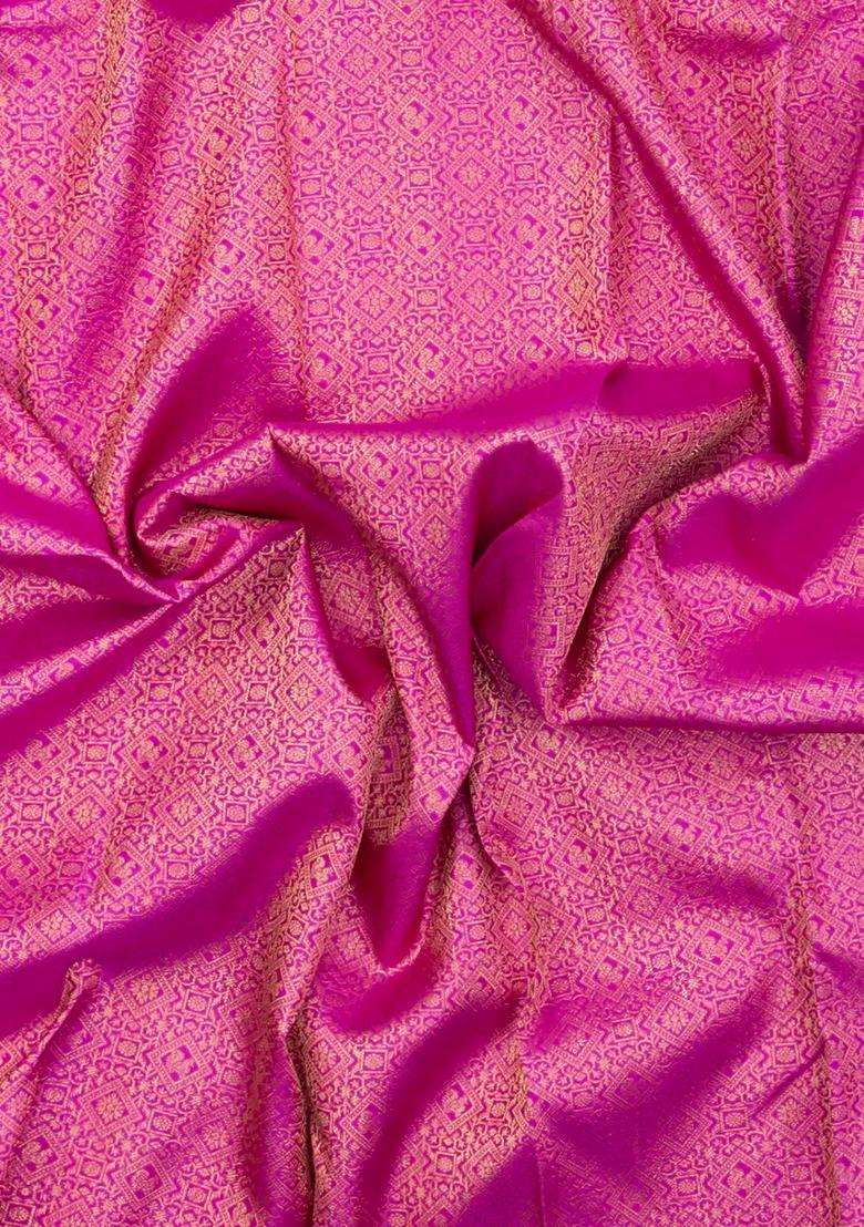Pink Handloom Kanchipuram Silk Saree With Floral Zari Motifs With Buttas And Brocade Design For Women - Indya