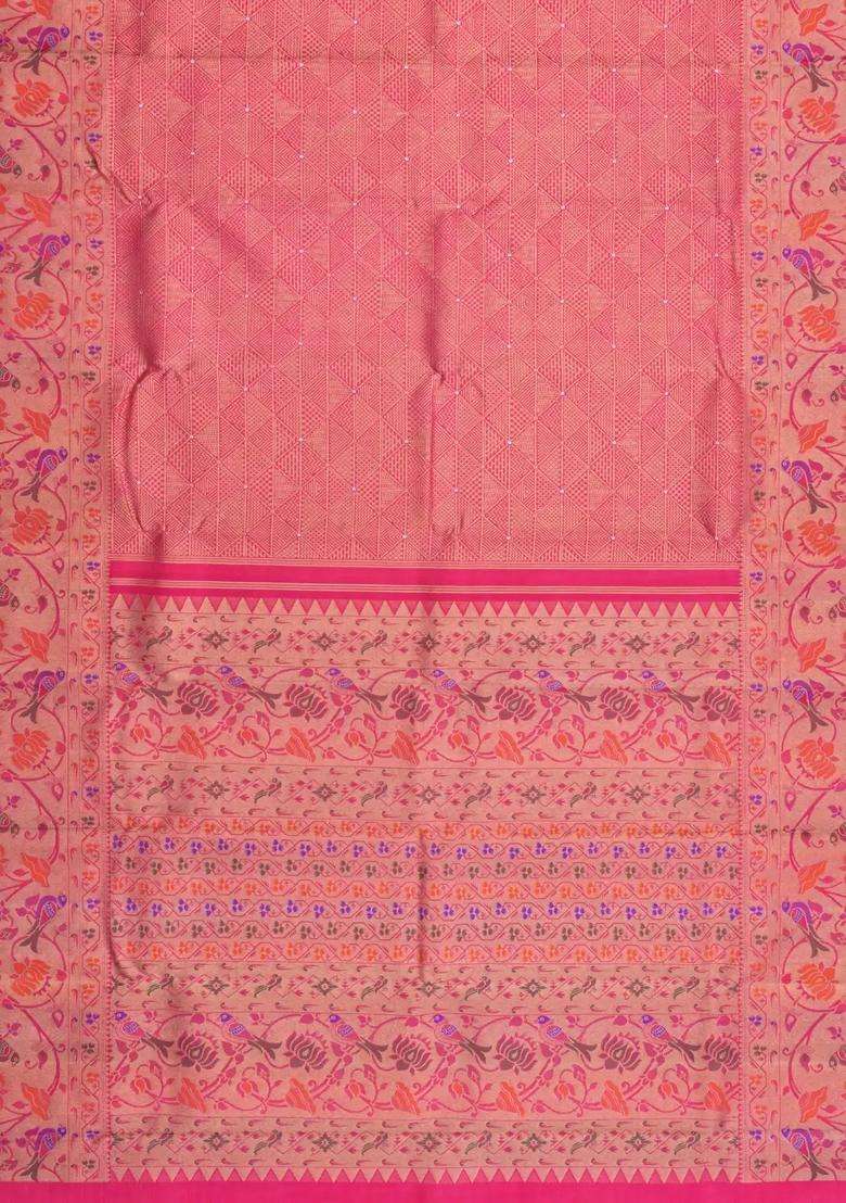 Pink Handloom Kanchipuram Silk Saree With Meena Zari Motifs With Buttas And Brocade Design For Women - Indya