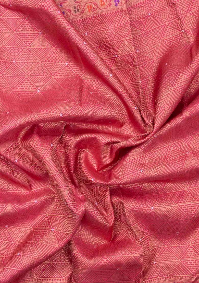 Pink Handloom Kanchipuram Silk Saree With Meena Zari Motifs With Buttas And Brocade Design For Women - Indya