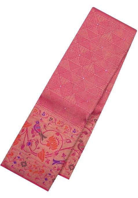 Pink Handloom Kanchipuram Silk Saree With Meena Zari Motifs With Buttas And Brocade Design For Women
