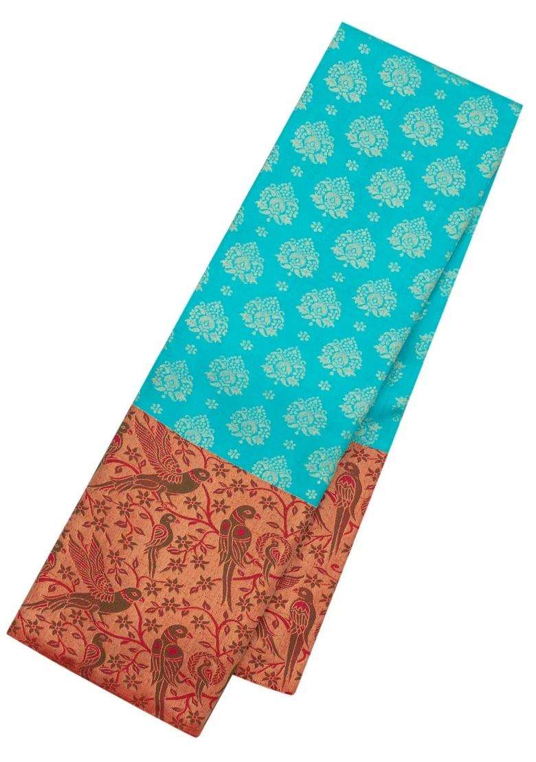 Turquoise Handloom Korvai Kanchipuram Silk Saree With Meena Zari Motifs With Korvai And Temple Border Design For Women - Indya