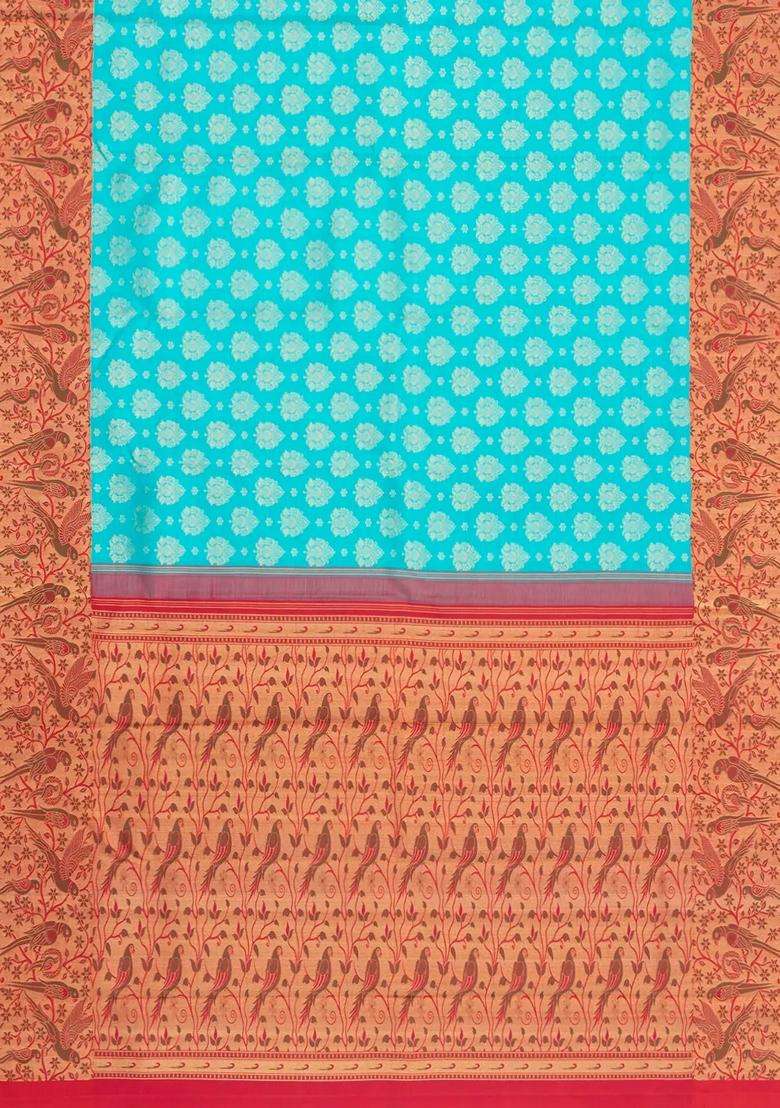 Turquoise Handloom Korvai Kanchipuram Silk Saree With Meena Zari Motifs With Korvai And Temple Border Design For Women - Indya