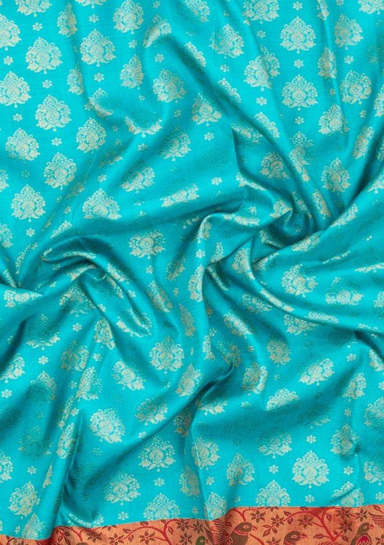 Turquoise Handloom Korvai Kanchipuram Silk Saree With Meena Zari Motifs With Korvai And Temple Border Design For Women - Indya
