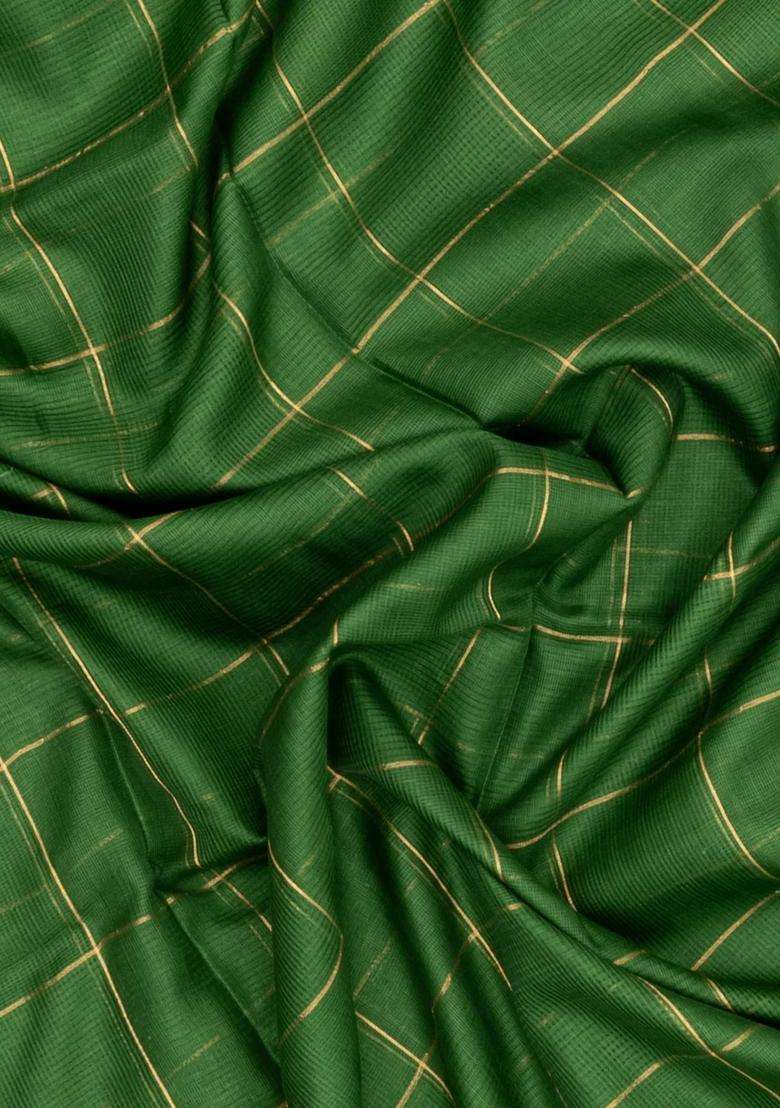 Green Woven Kota Silk Cotton Saree With Zari Checks With Checks And Stripes Design For Women - Indya
