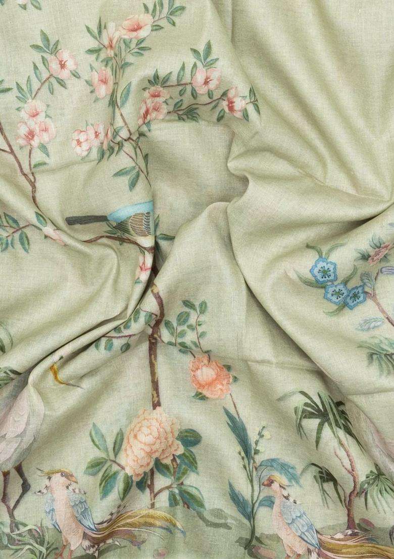 Light Green Printed Linen Saree With Peacock Motifs For Women - Indya