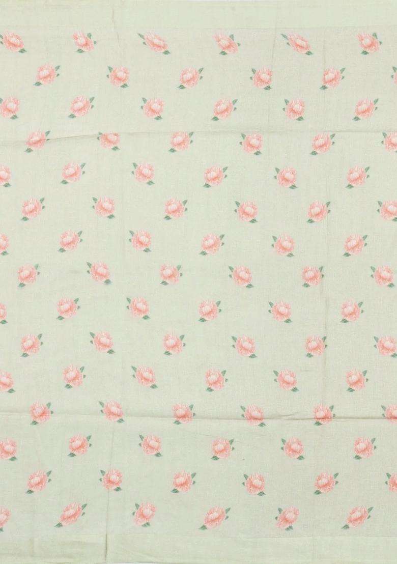 Light Green Printed Linen Saree With Peacock Motifs For Women - Indya
