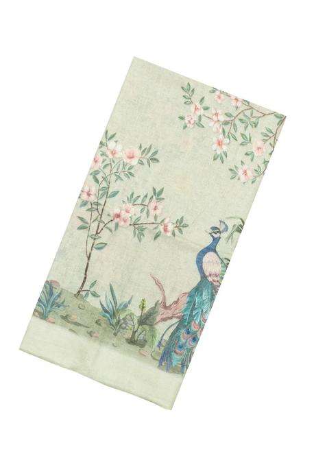 Light Green Printed Linen Saree With Peacock Motifs For Women