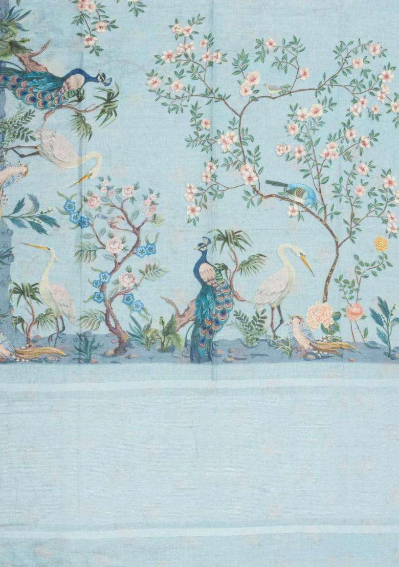 Light Blue Printed Linen Saree With Peacock Motifs For Women - Indya