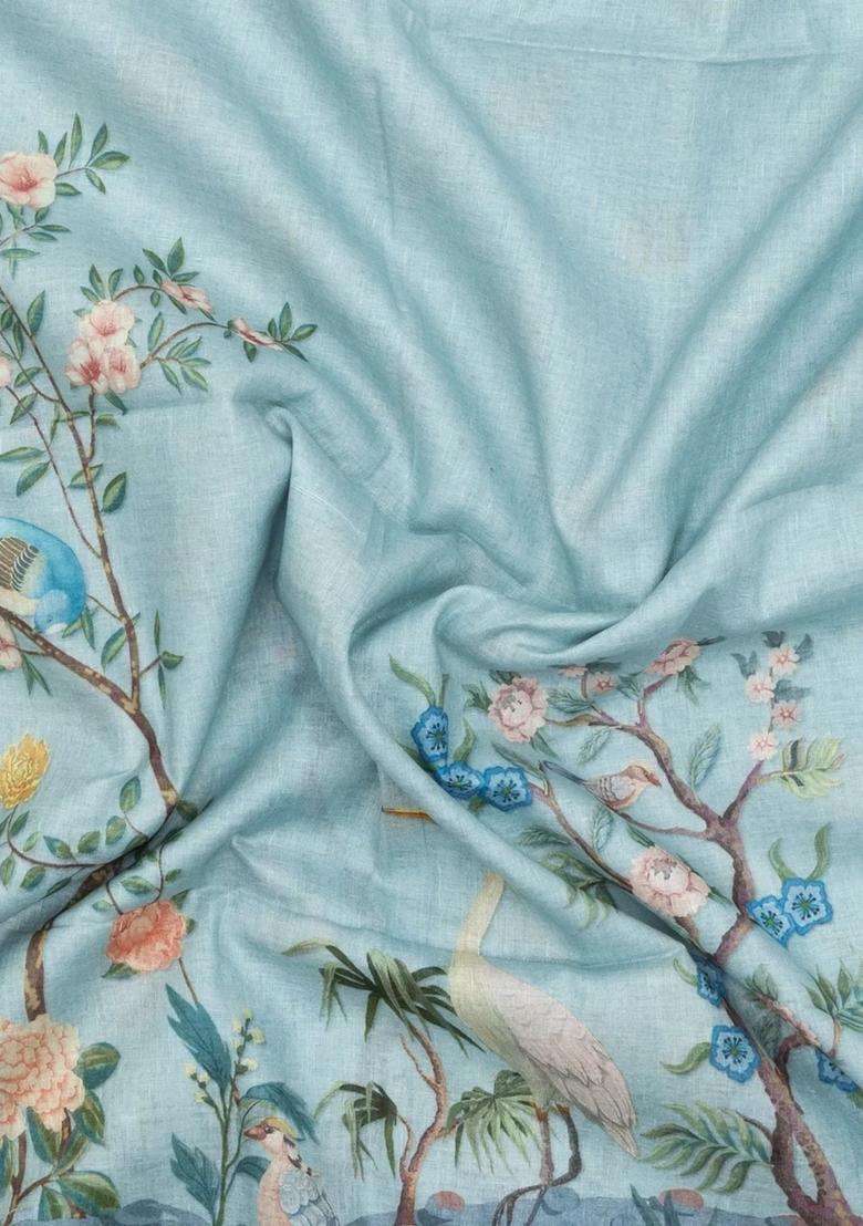 Light Blue Printed Linen Saree With Peacock Motifs For Women - Indya