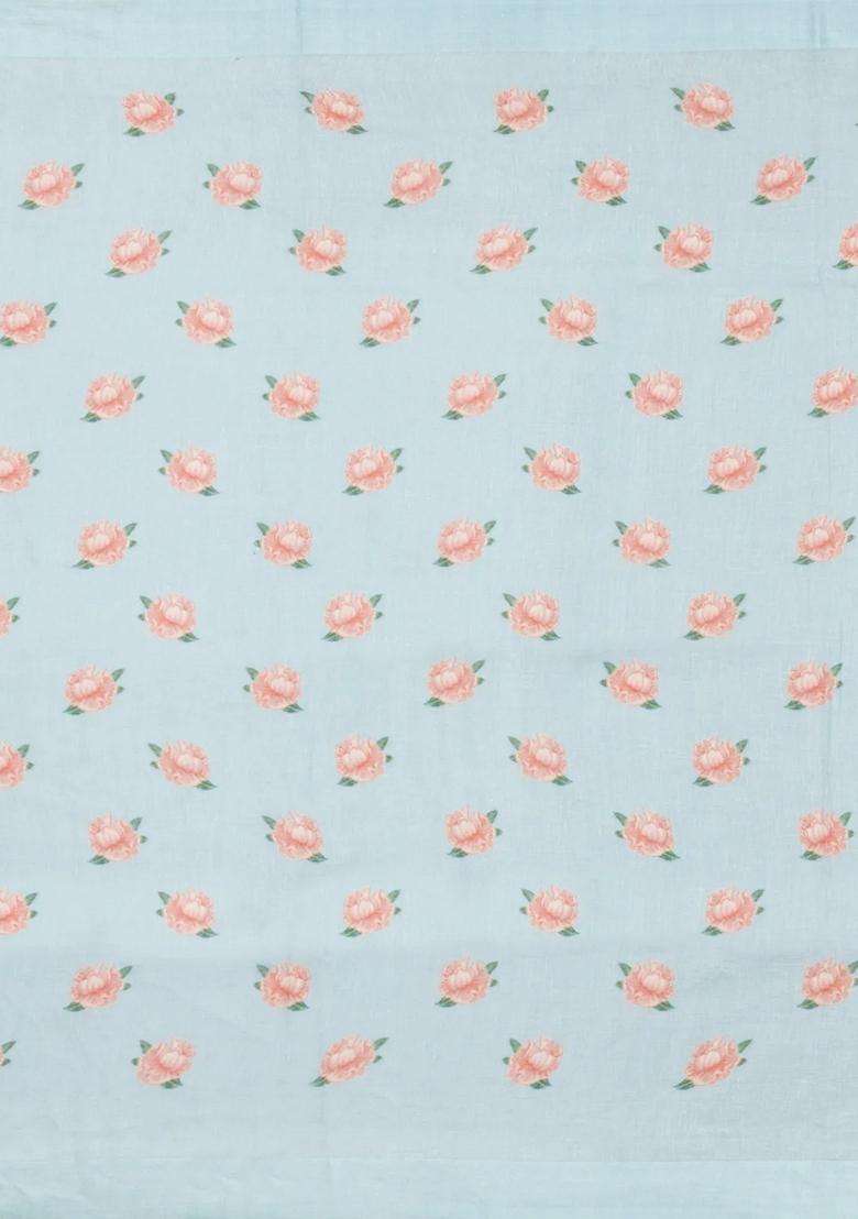 Light Blue Printed Linen Saree With Peacock Motifs For Women - Indya