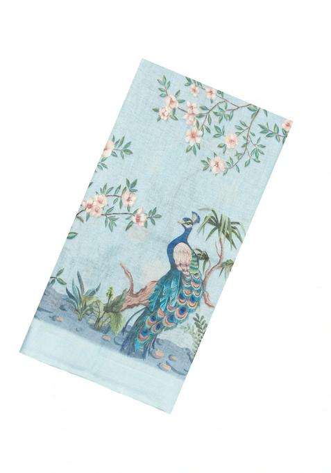 Light Blue Printed Linen Saree With Peacock Motifs For Women