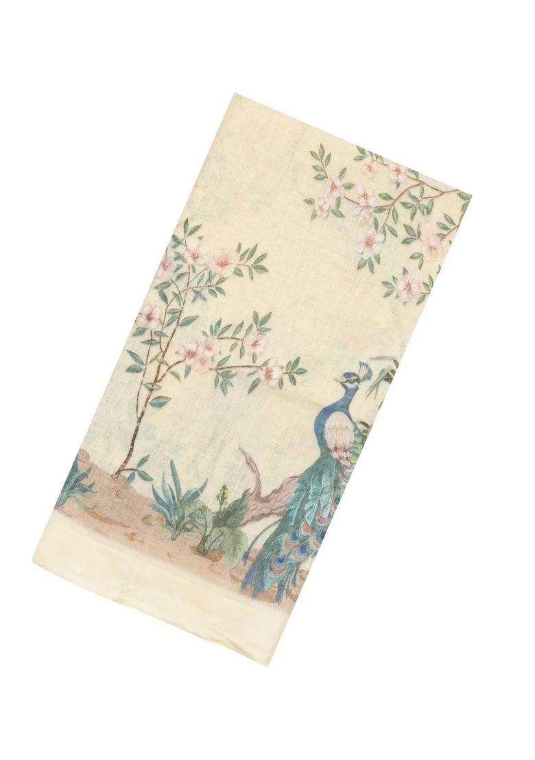 Cream Printed Linen Saree With Peacock Motifs For Women - Indya