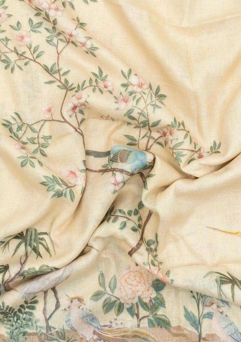 Cream Printed Linen Saree With Peacock Motifs For Women - Indya