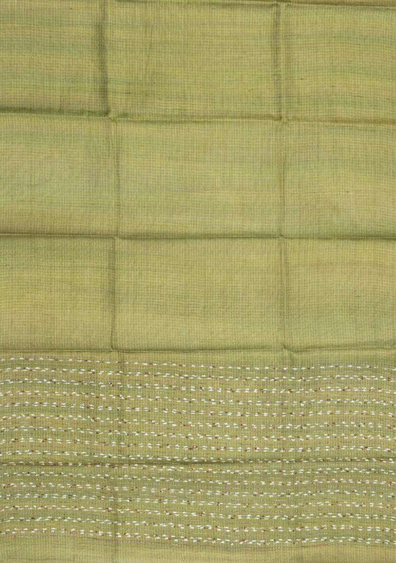 Cardamom Green Woven Tussar Tissue Silk Saree With Checks With Checks And Stripes Design For Women - Indya
