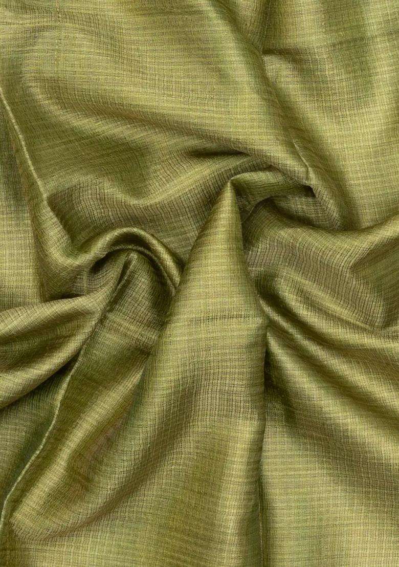 Cardamom Green Woven Tussar Tissue Silk Saree With Checks With Checks And Stripes Design For Women - Indya