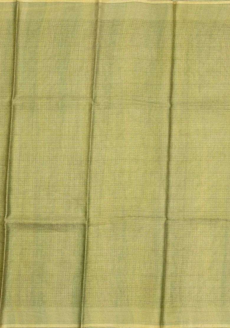 Cardamom Green Woven Tussar Tissue Silk Saree With Checks With Checks And Stripes Design For Women - Indya