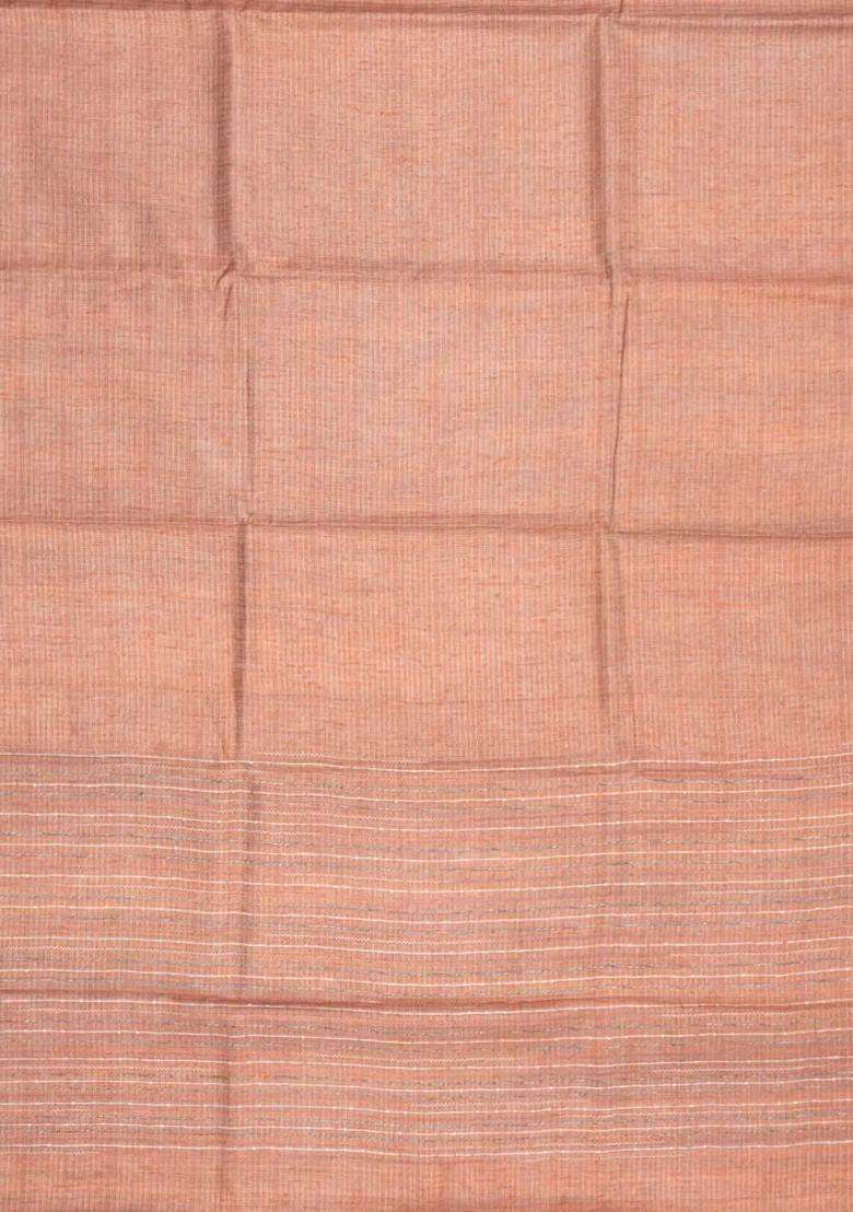 Peach Woven Tussar Tissue Silk Saree With Checks With Checks And Stripes Design For Women - Indya