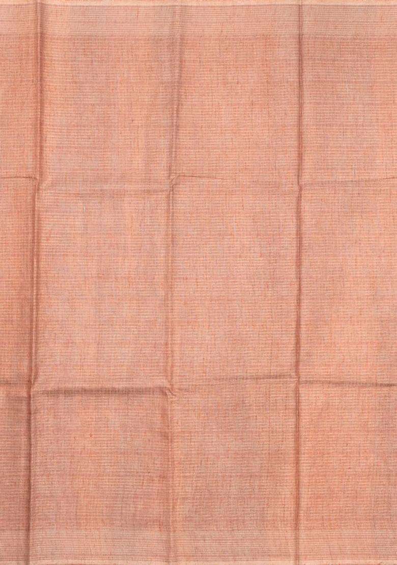 Peach Woven Tussar Tissue Silk Saree With Checks With Checks And Stripes Design For Women - Indya
