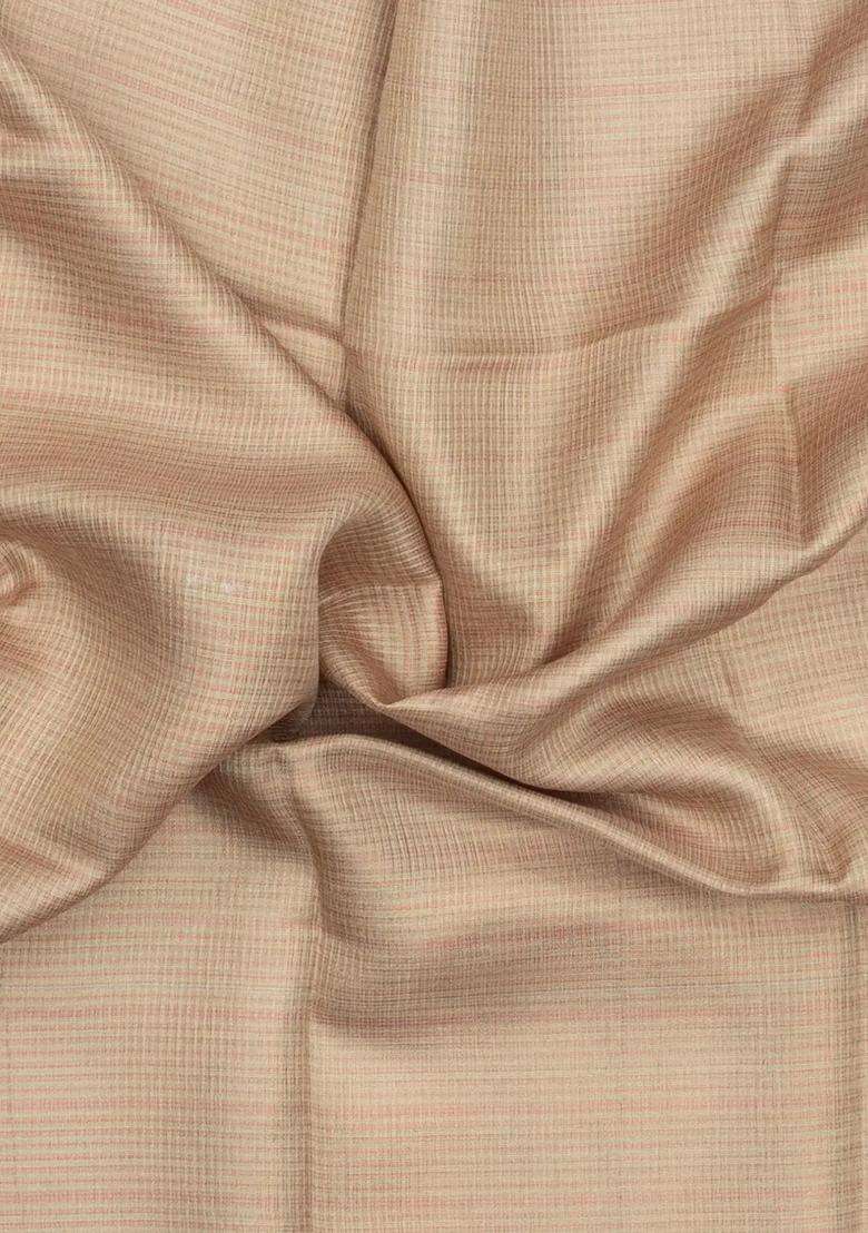 Taupe Woven Tussar Tissue Silk Saree With Checks With Checks And Stripes Design For Women - Indya