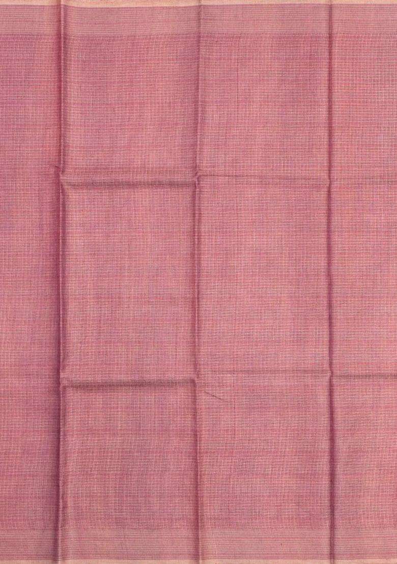 Dusty Pink Woven Tussar Tissue Silk Saree With Checks With Checks And Stripes Design For Women - Indya