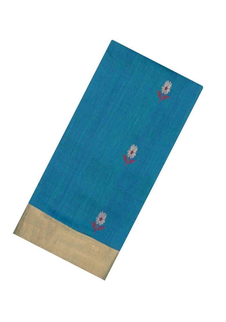 Cyan Printed Tussar Silk Saree With Floral Motifs For Women - Indya