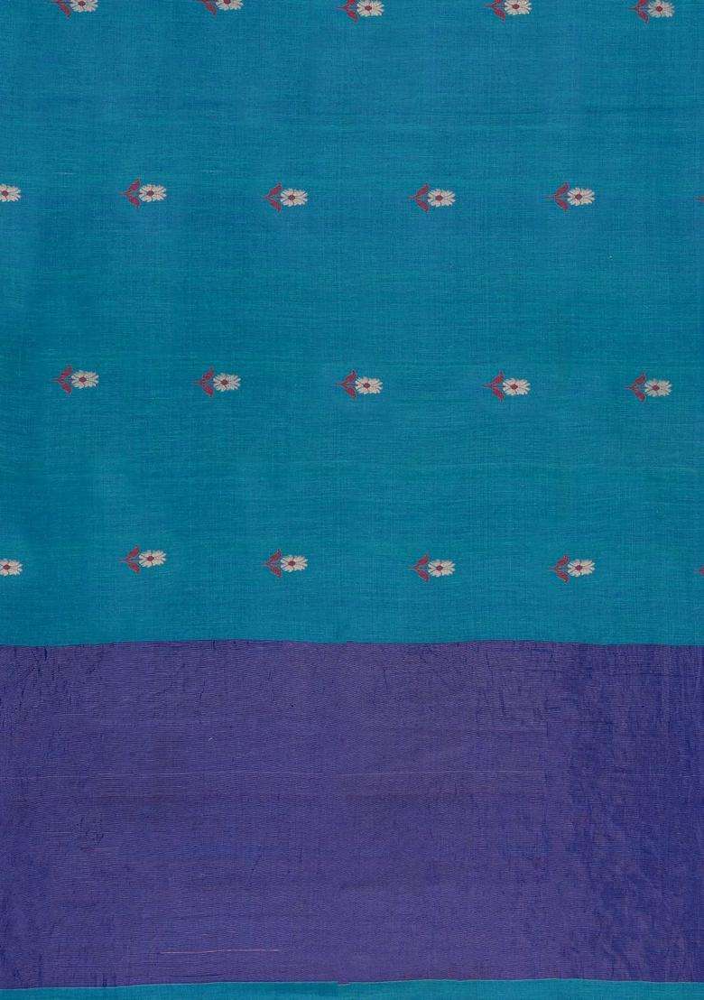 Cyan Printed Tussar Silk Saree With Floral Motifs For Women - Indya