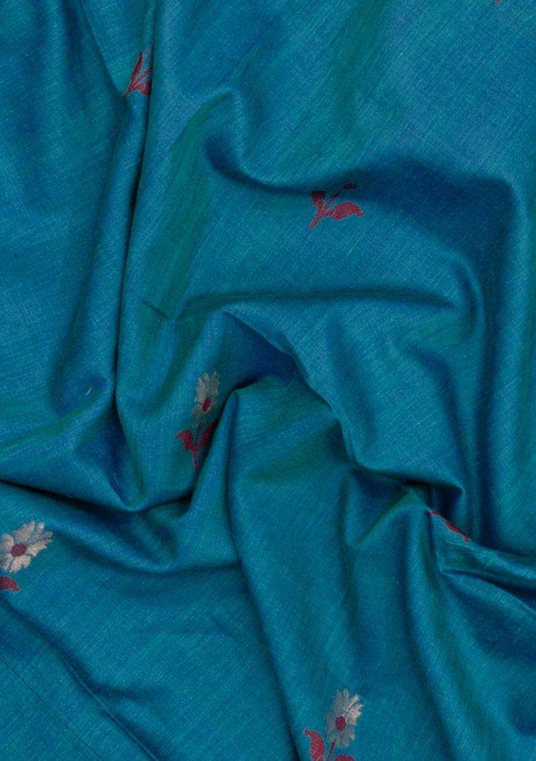 Cyan Printed Tussar Silk Saree With Floral Motifs For Women - Indya