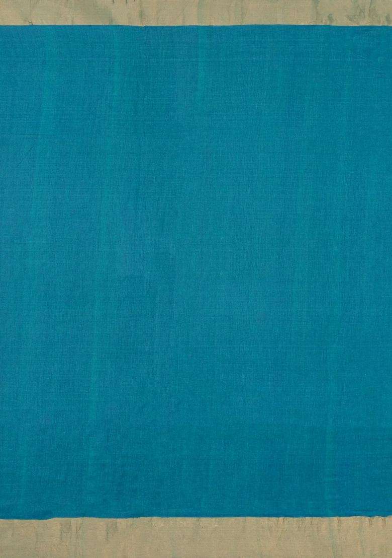 Cyan Printed Tussar Silk Saree With Floral Motifs For Women - Indya