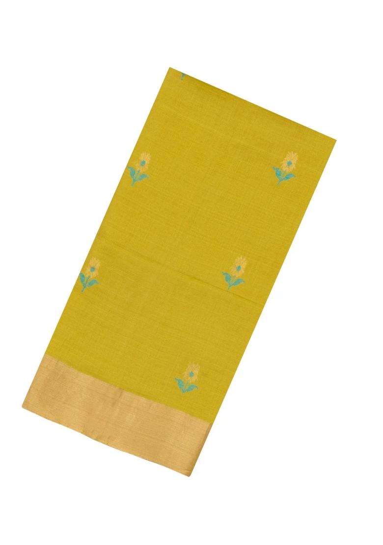 Lime Green Printed Tussar Silk Saree With Floral Motifs For Women - Indya