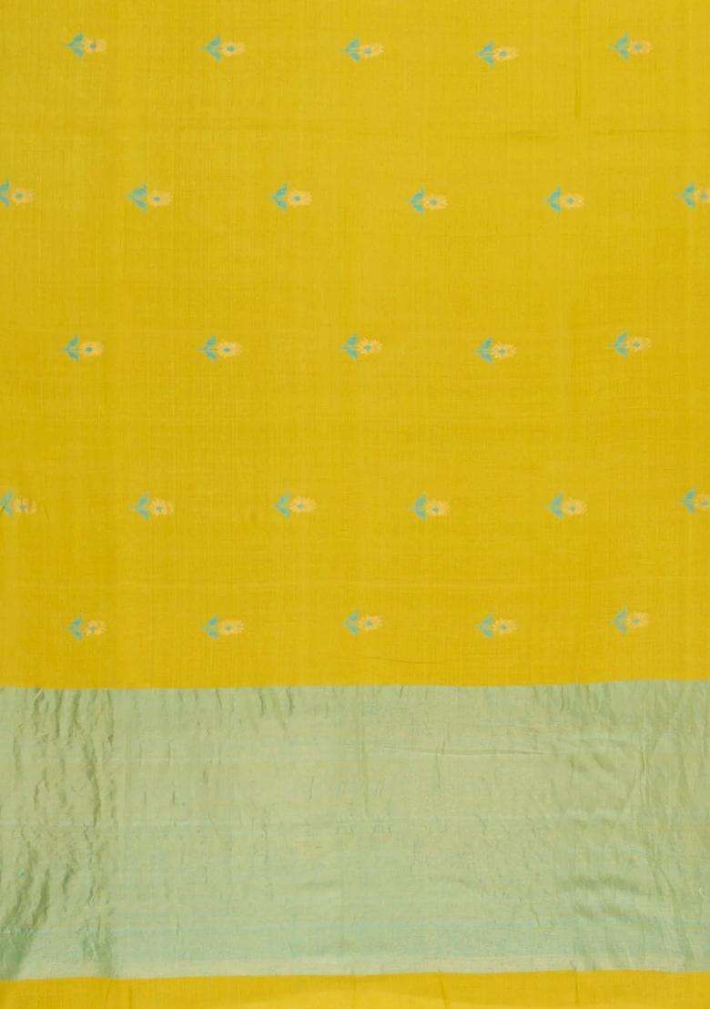 Lime Green Printed Tussar Silk Saree With Floral Motifs For Women - Indya