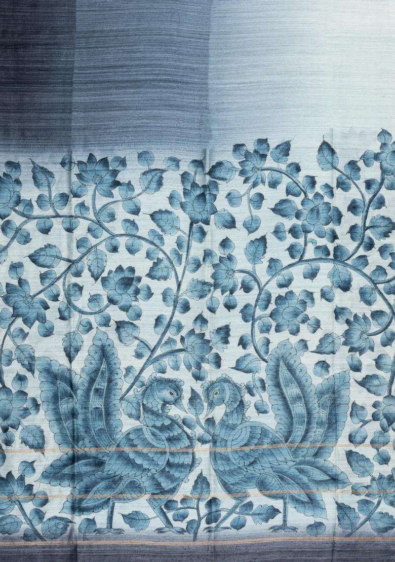 Grey Printed Tussar Silk Saree With Annam Motifs For Women - Indya