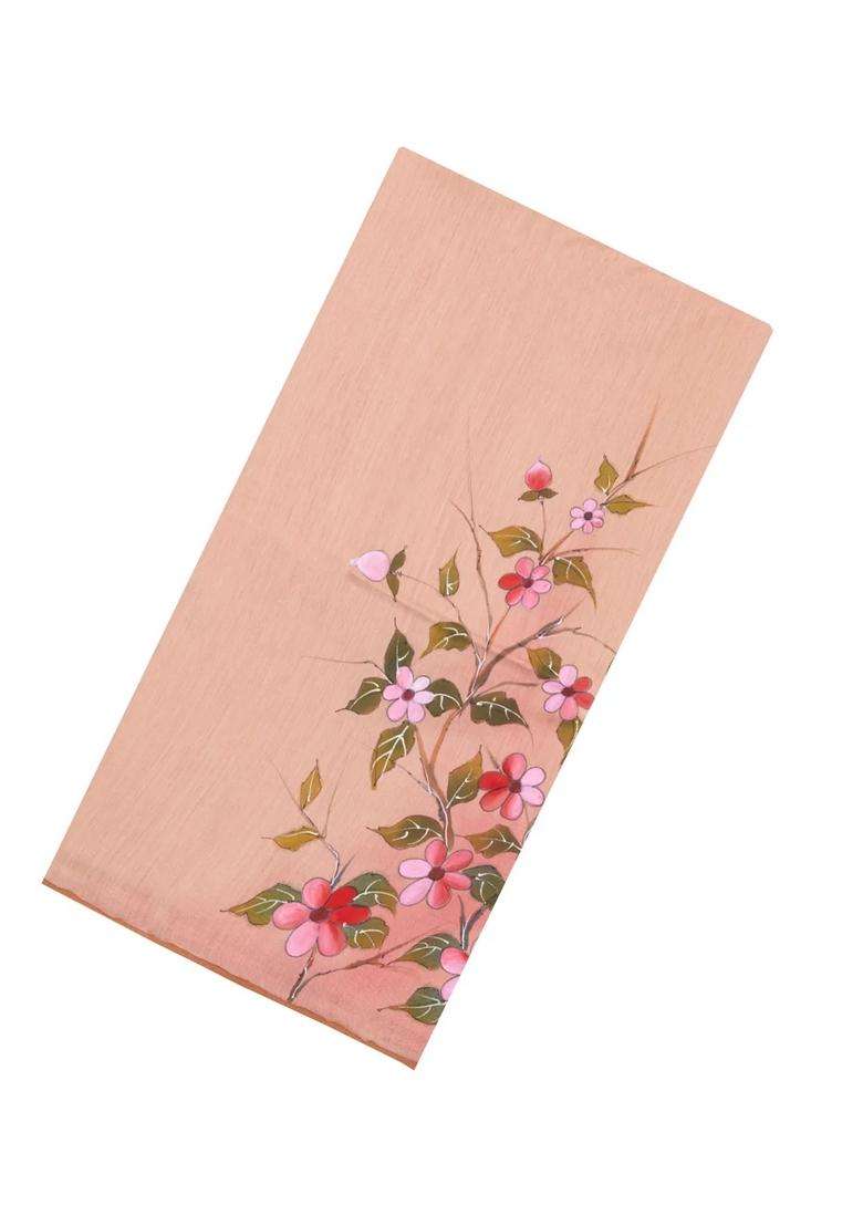 Light Peach Printed Tussar Silk Saree With Floral Motifs For Women - Indya