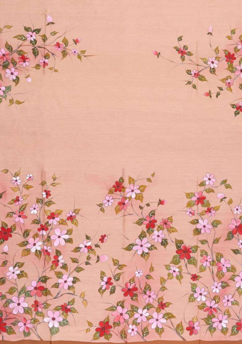 Light Peach Printed Tussar Silk Saree With Floral Motifs For Women - Indya