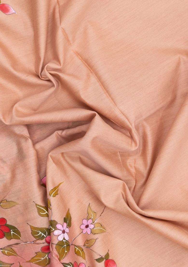 Light Peach Printed Tussar Silk Saree With Floral Motifs For Women - Indya