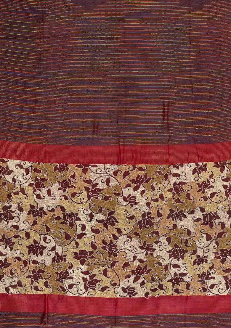 Maroon Handloom Chanderi Cotton Saree With Multi Colour Stripes With Checks And Stripes Design For Women - Indya