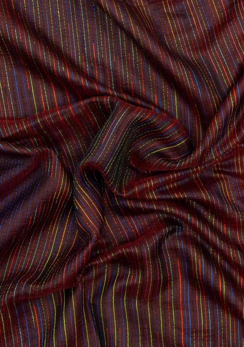Maroon Handloom Chanderi Cotton Saree With Multi Colour Stripes With Checks And Stripes Design For Women - Indya