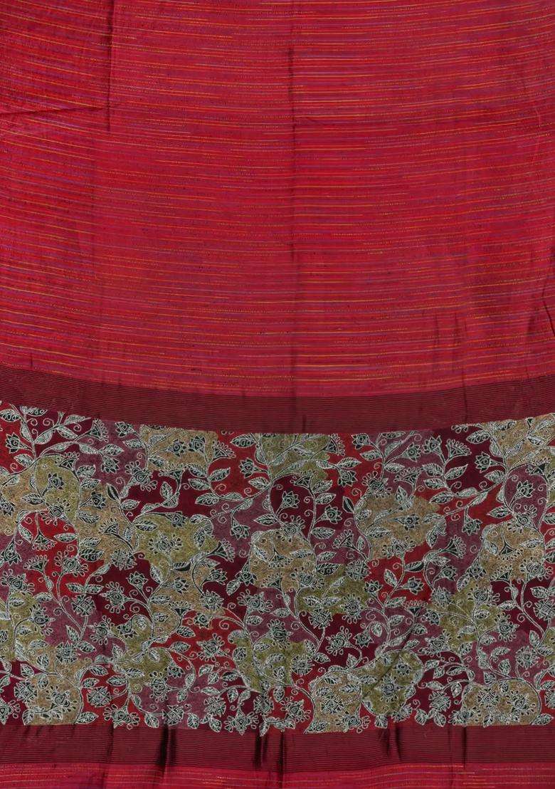 Crimson Handloom Chanderi Cotton Saree With Multi Colour Stripes With Checks And Stripes Design For Women - Indya