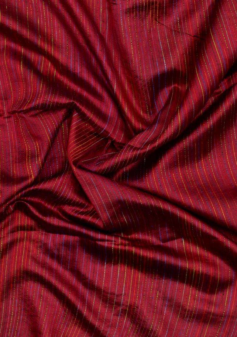 Crimson Handloom Chanderi Cotton Saree With Multi Colour Stripes With Checks And Stripes Design For Women - Indya