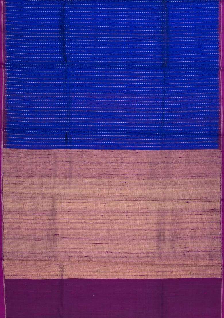 Blue Woven Dupion Silk Saree With Dotted Stripes Contrast Border With Checks And Stripes Design For Women - Indya