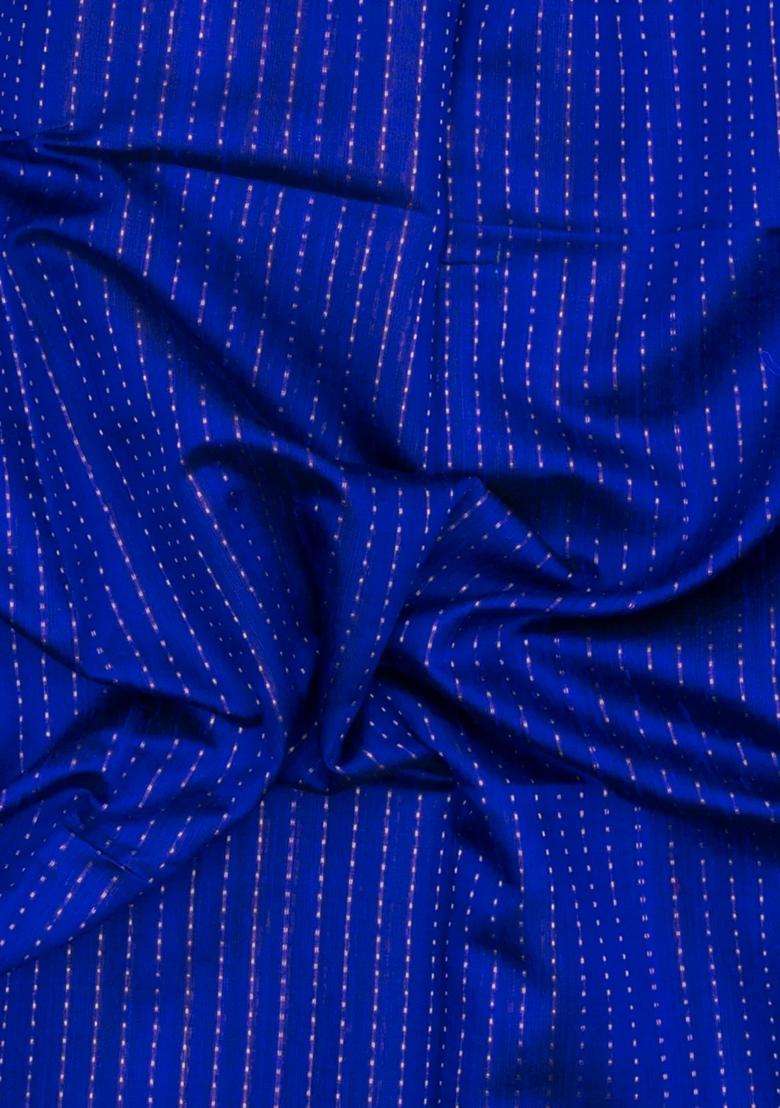 Blue Woven Dupion Silk Saree With Dotted Stripes Contrast Border With Checks And Stripes Design For Women - Indya